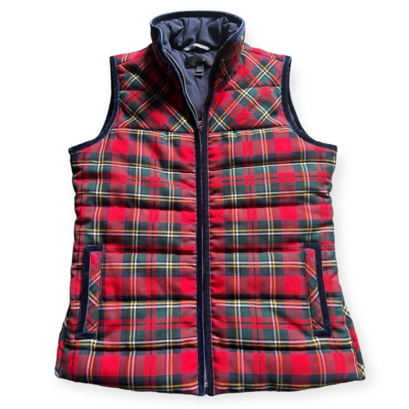 J. Crew Red Tartan Plaid Mountain Wool Blend Puffer Vest Velvet Trim- Size XS - Picture 5 of 14